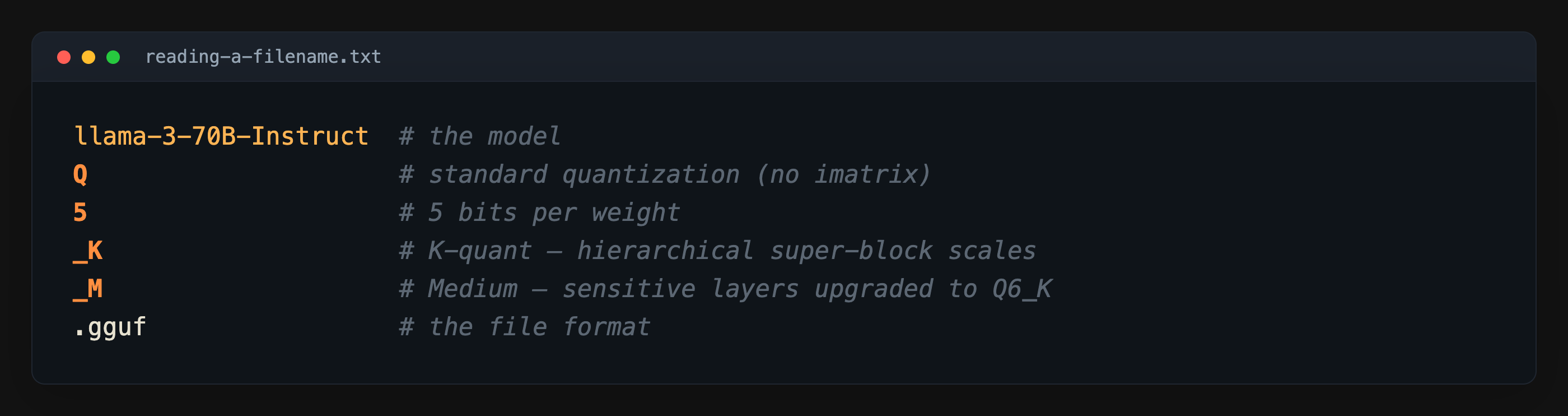 Decoding the filename llama-3-70B-Instruct-Q5_K_M.gguf token by token