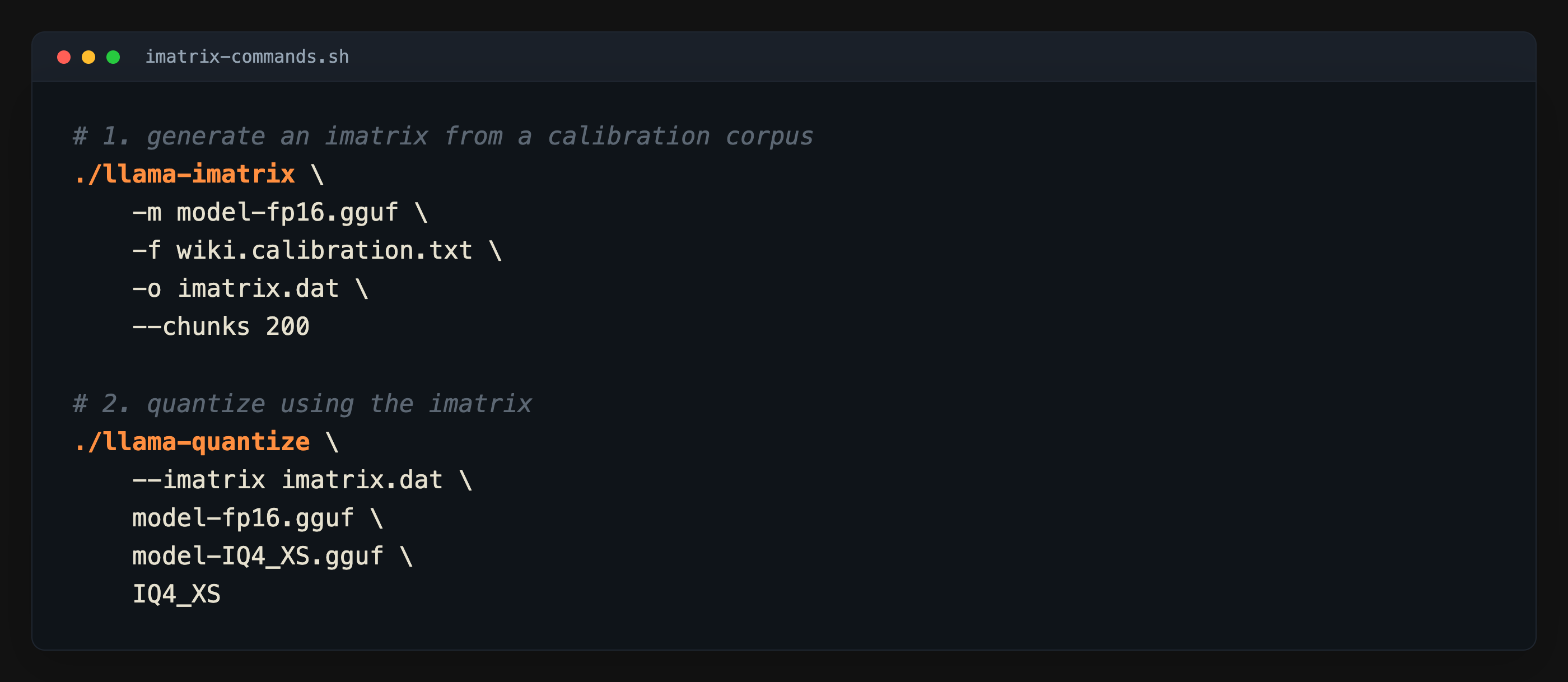 llama.cpp commands to generate an importance matrix and quantize with it